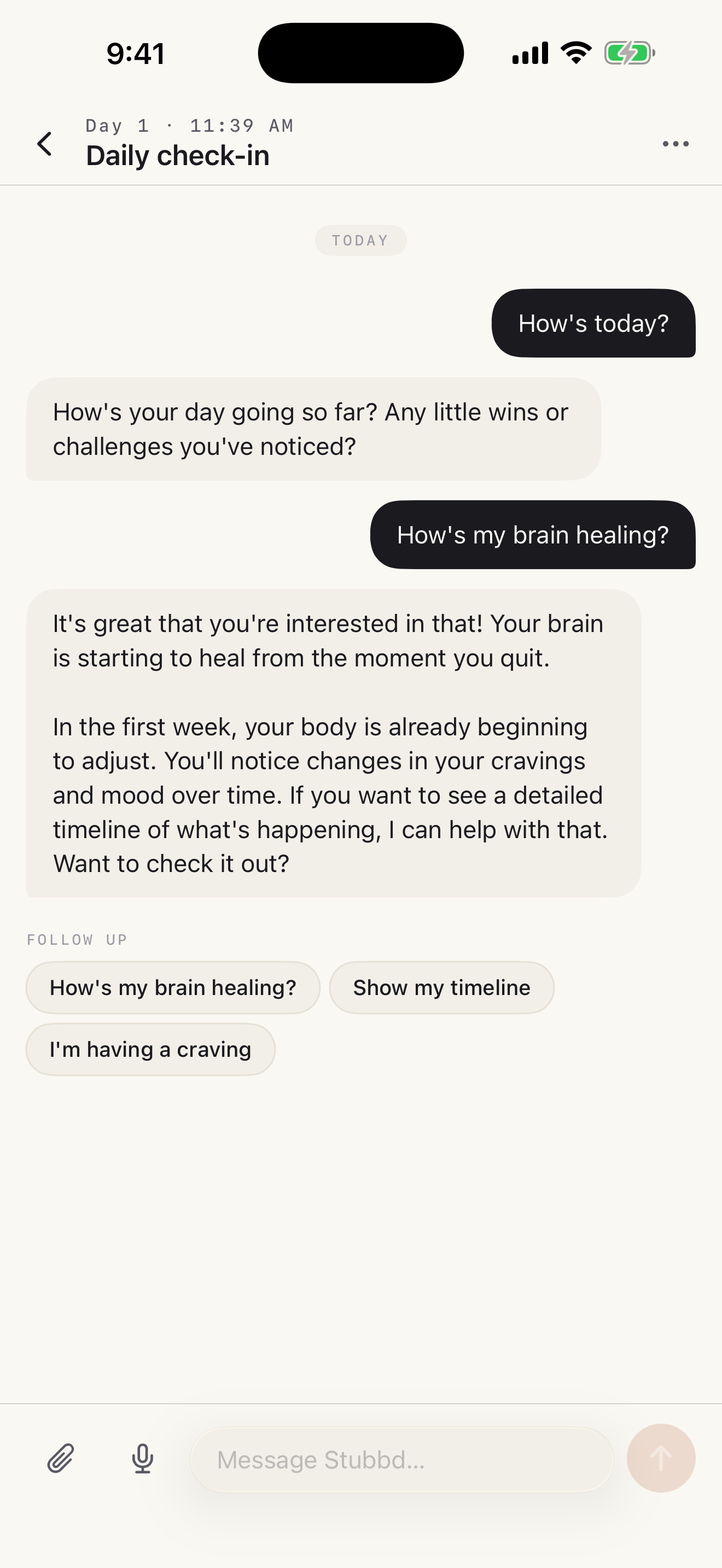 Stubbd AI coach screen — 'Daily check-in' header, chat exchange with two user messages ('How's today?' and 'How's my brain healing?') and a substantive coach reply, plus FOLLOW UP suggestion chips: 'How's my brain healing?', 'Show my timeline', 'I'm having a craving'.